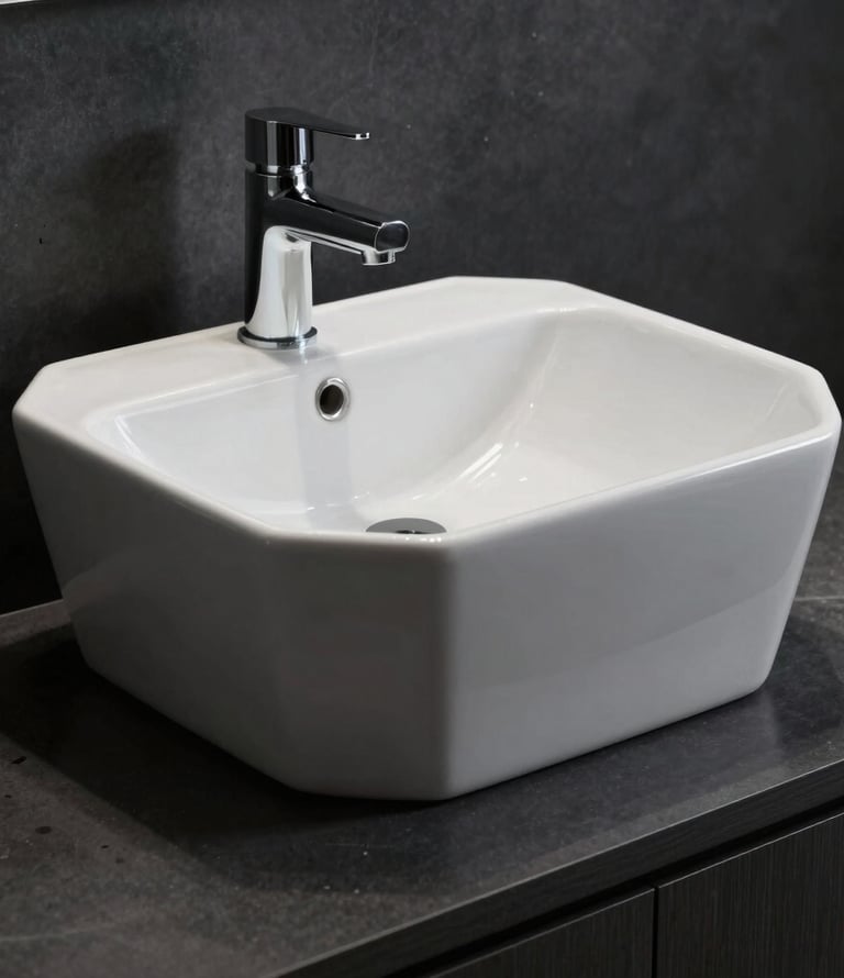 Orthographic studio shot of a modern geometric washbasin, crisp white ceramic against a dark charcoal backdrop, sharp structural lines.
