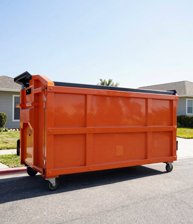 Clean, branded Prime Dumpster Solutions roll-off dumpster being carefully placed on a residential driveway in Long Beach, bright midday sun, high contrast, wide-angle lens