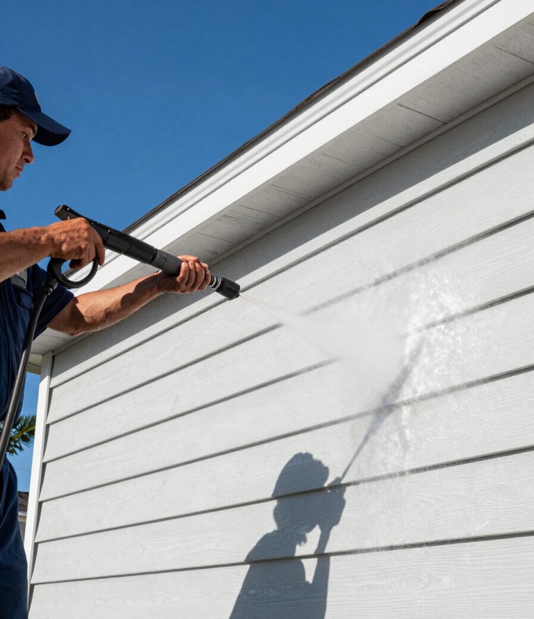 Close-up, low-angle shot of a pressure washing technician in uniform carefully soft washing a house siding, showing the gentle stream and clean surface, bright Florida sunlight, crisp shadows.
