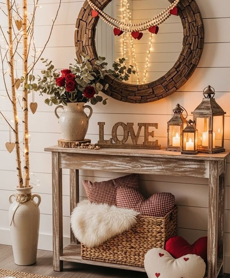 Rustic Valentine's Day entryway decor with wooden console table, lanterns, red roses, and heart-shaped pillows.
