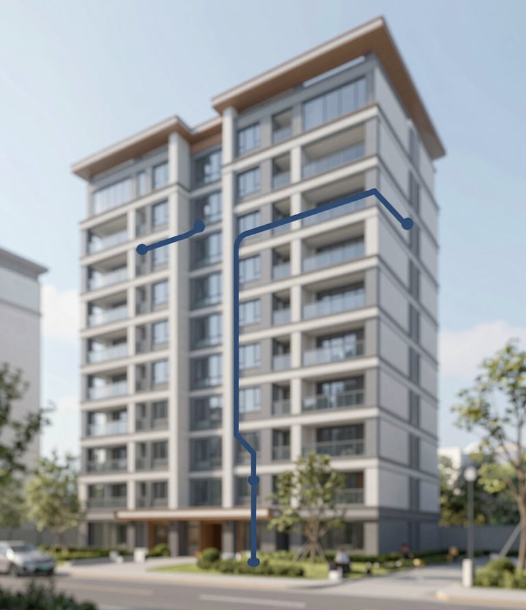 External view of a modern apartment complex with a clean architectural design, overlayed with a schematic of a sanitary connection network in professional technical blue #4F6D7A.