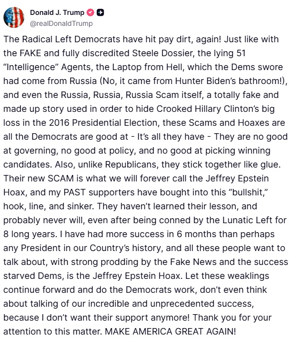 Donald J. Trump Truth Social 07.16.25 09:43 AM EST