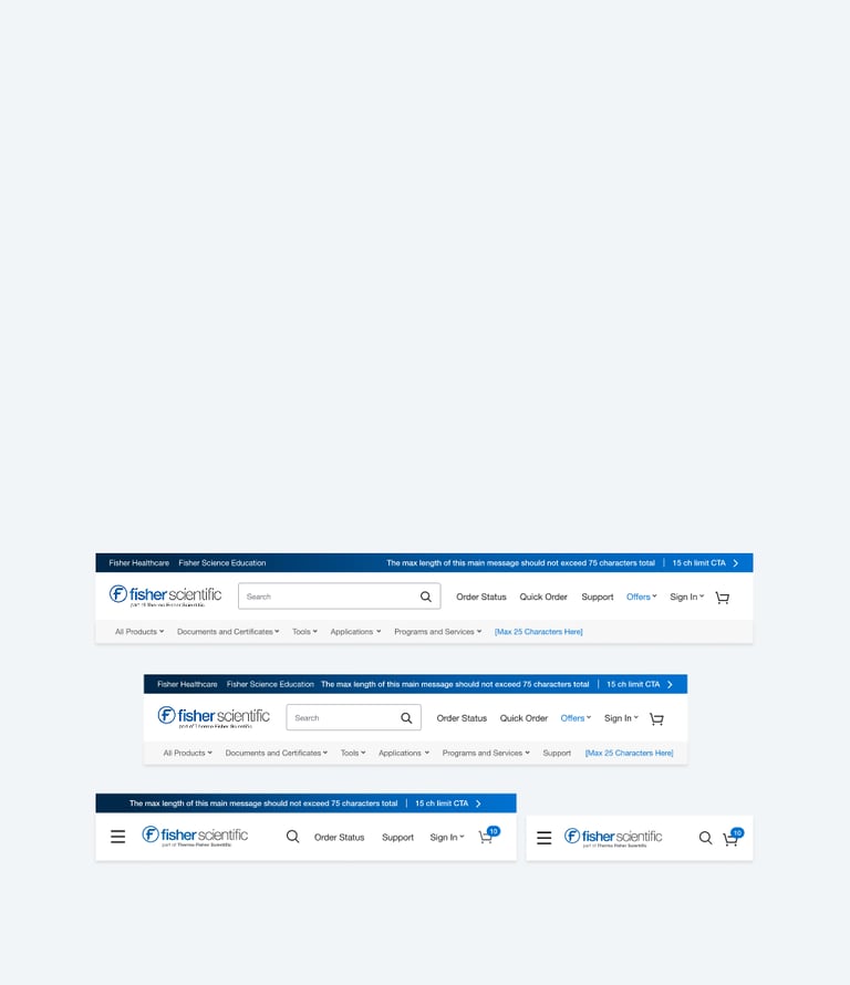 Fisher Scientific website navigation headers for desktop and mobile layouts with search bar and logo.