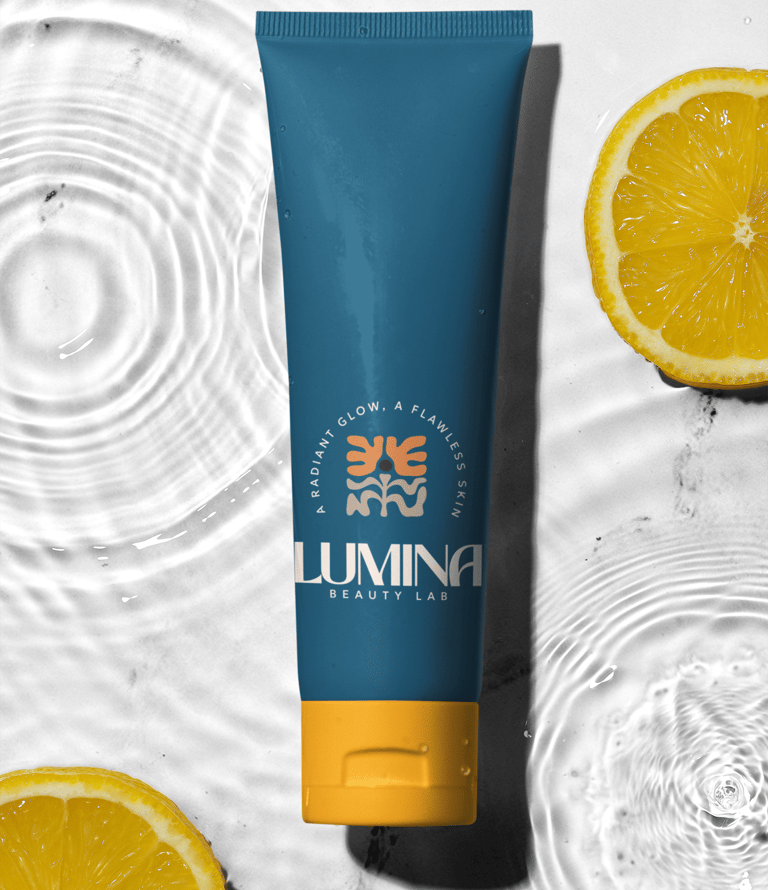 Lumina Beauty Lab skincare tube surrounded by fresh lemon slices and water ripples for a radiant glow.