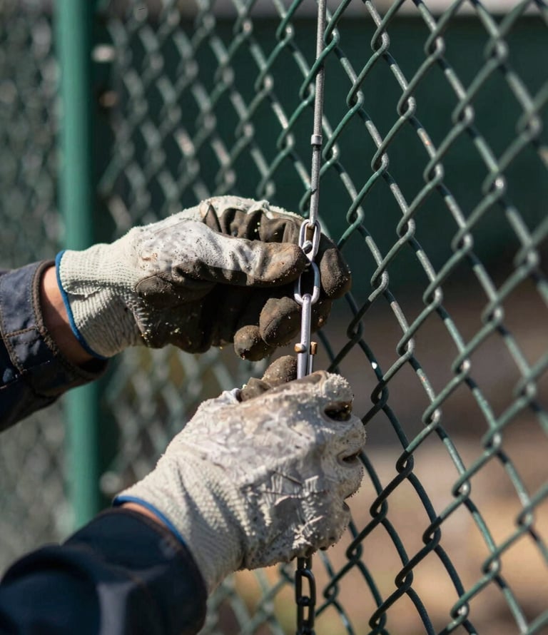 Close-up portrait shot of a skilled technician's hands tensioning heavy-gauge chain link fencing, wearing work gloves, hard direct sunlight casting sharp shadows, metallic textures, deep green and charcoal tones, sharp focus, 35mm.