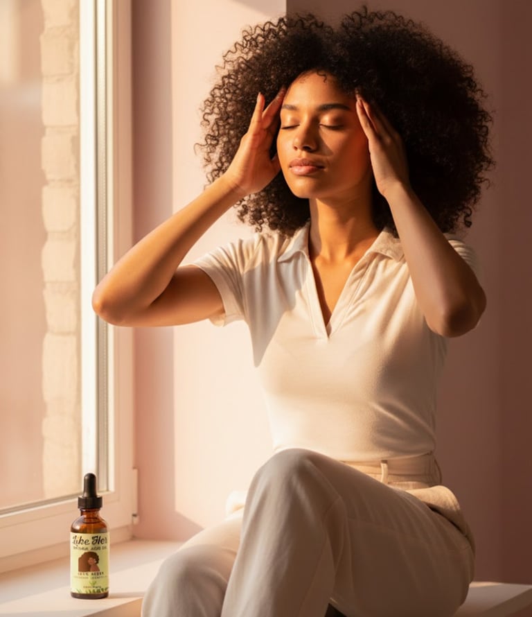 A woman with curly hair massaging her temples next to a bottle of organic hair serum.