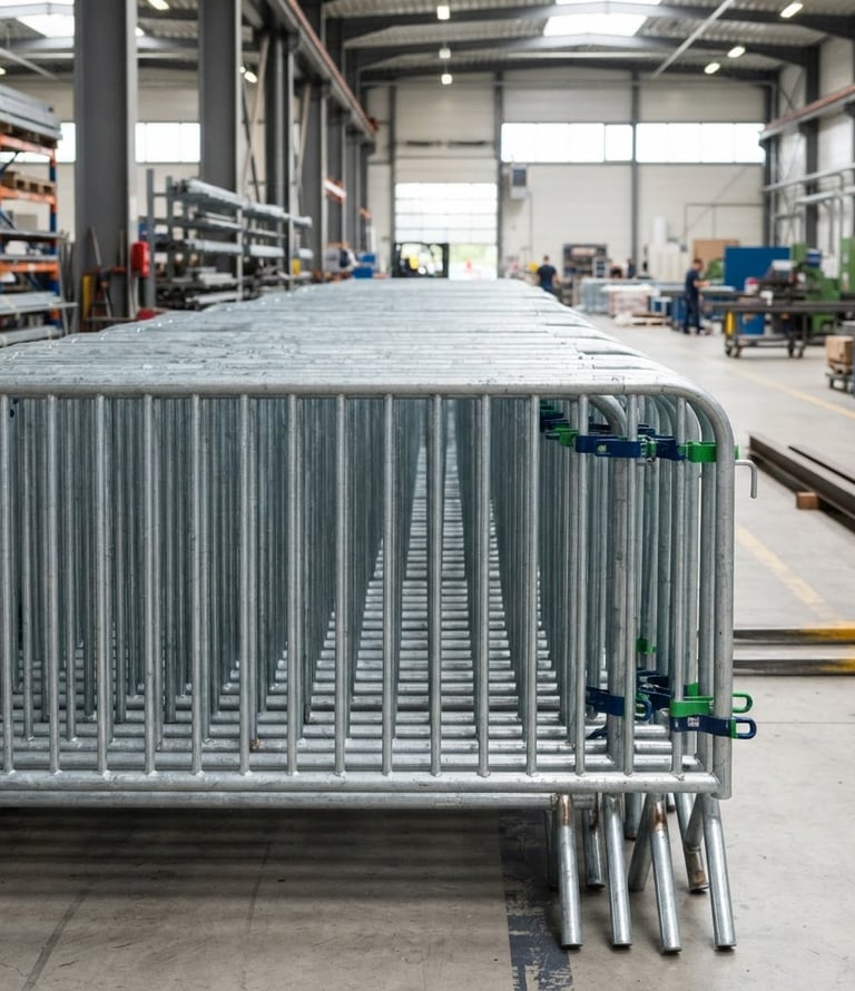 Industrial commercial photography, side view of clean galvanized steel crowd control barricades stacked neatly in a bright factory warehouse, metallic textures, sharp focus.