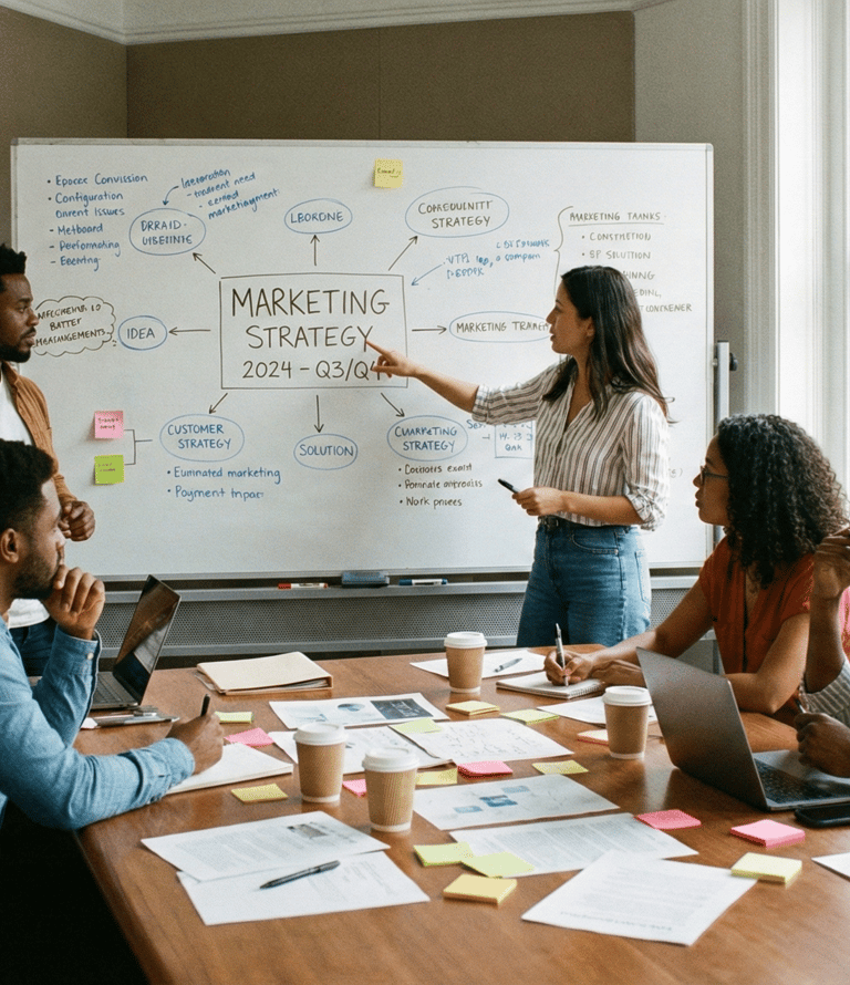 a group of people sitting around a table with papers discussing marketing strategy