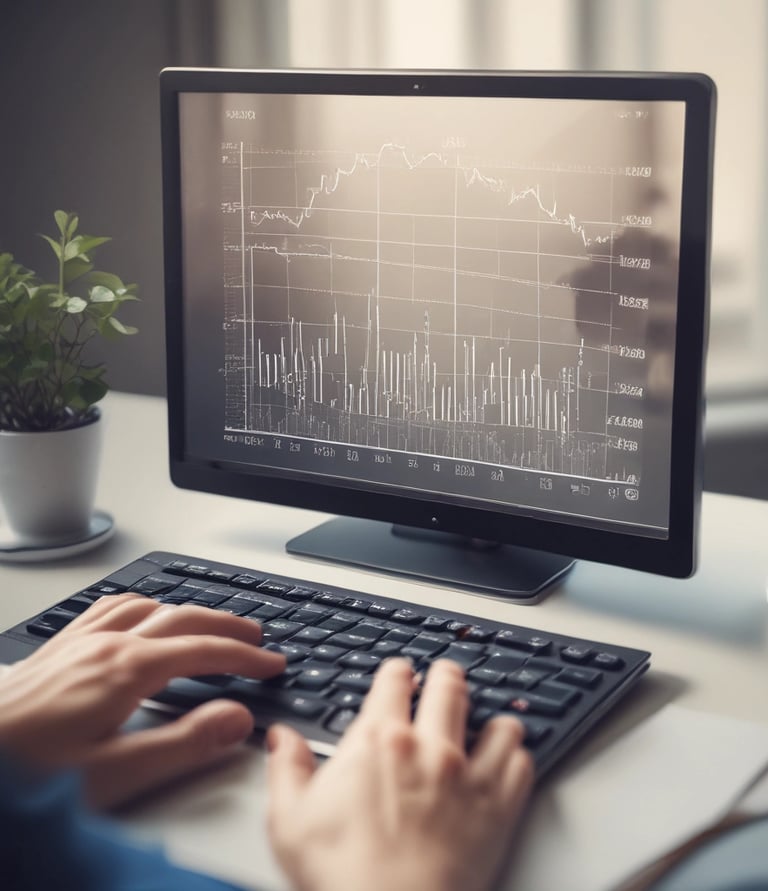 A person is typing on a MacBook Pro, viewing a website titled 'Personalize your portfolio.' The webpage displays three sections related to investing, each with different images and text. The laptop is on a grey table with a dark sofa and indoor plants in the background.