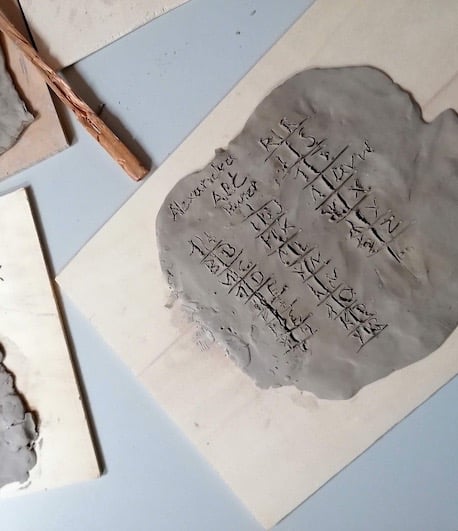 Schriftzeichen in Ton geritzt