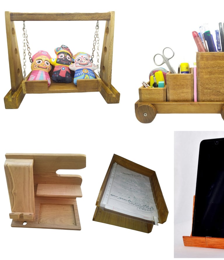 a collection of wooden desk accessories including a desk organizer