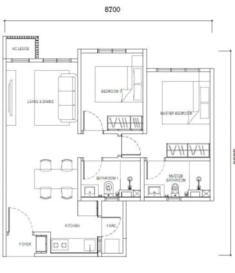 Type D layout – 667sf 2-bedroom 2-bathroom apartment near Johor RTS