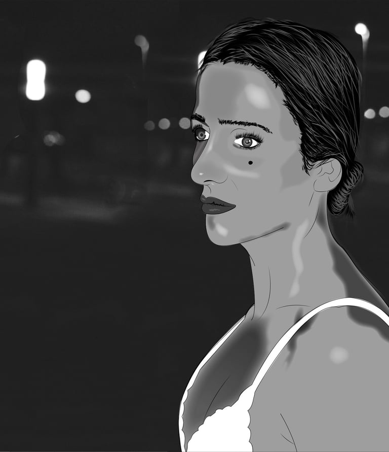 a woman in a white bra top and a black and white photo