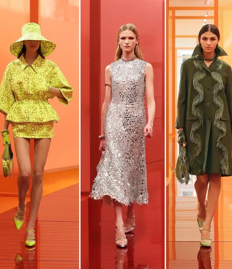 Models on a vibrant S/S 2025 runway wearing bold, high-fashion pieces.