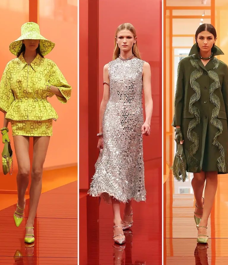 Models on a vibrant S/S 2025 runway wearing bold, high-fashion pieces.