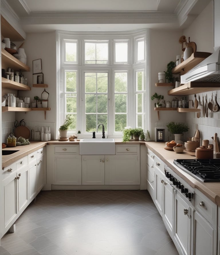 A bright kitchen scene featuring modern appliances and organized shelves, showcasing ease and style in everyday cooking.
