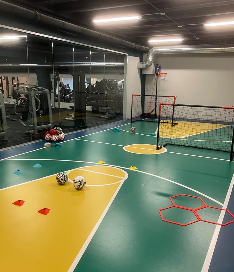 Area multisport della palestra Move 2 Grow a Milano con campo colorato, porte da calcio, palloni e attrezzature per allenamen