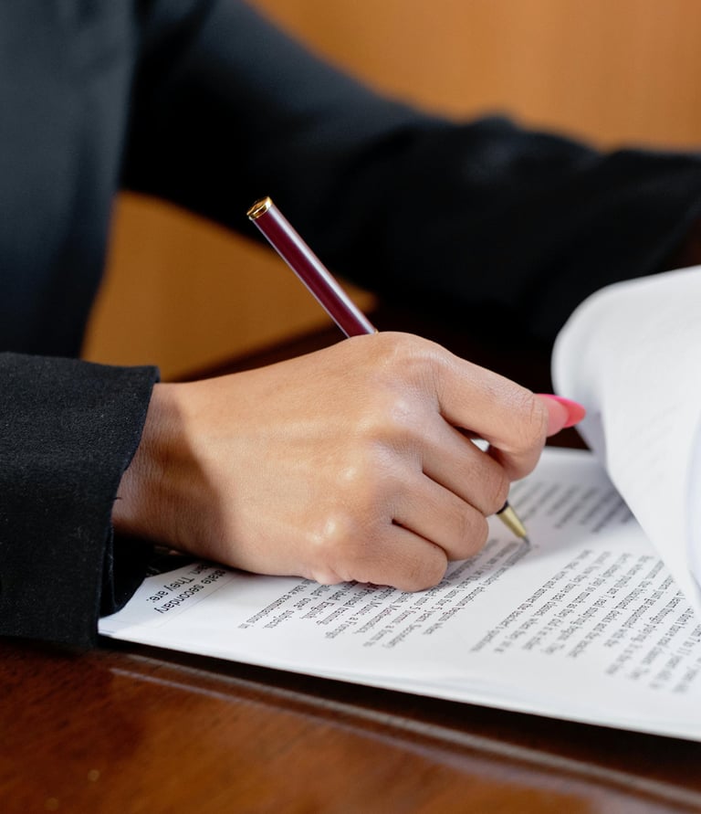 a woman in a suit revising and signing a document