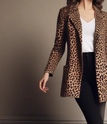 a sexy woman in a leopard print jacket and high heels