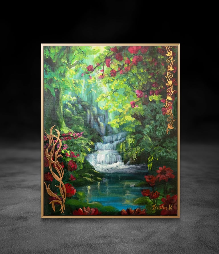 The Forest of Forgotten Dreams, Mystical Landscape Painting with Waterfalls and Enchanted Forest