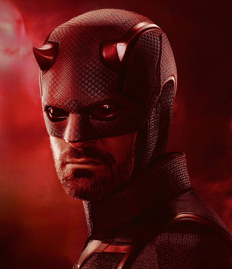 a man in a black suit and red devil horns