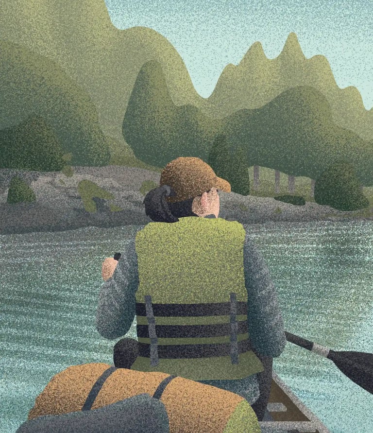 board game illustration of a woman paddling a canoe across a lake toward sunlit trees on the shore