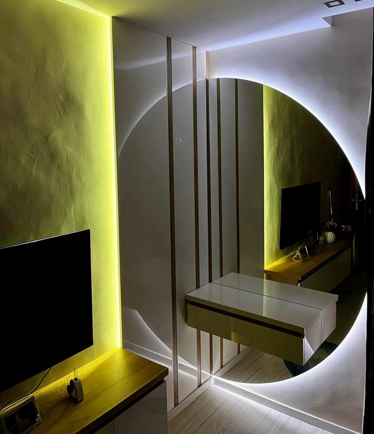 a mirror mirror in a room with a television and a television