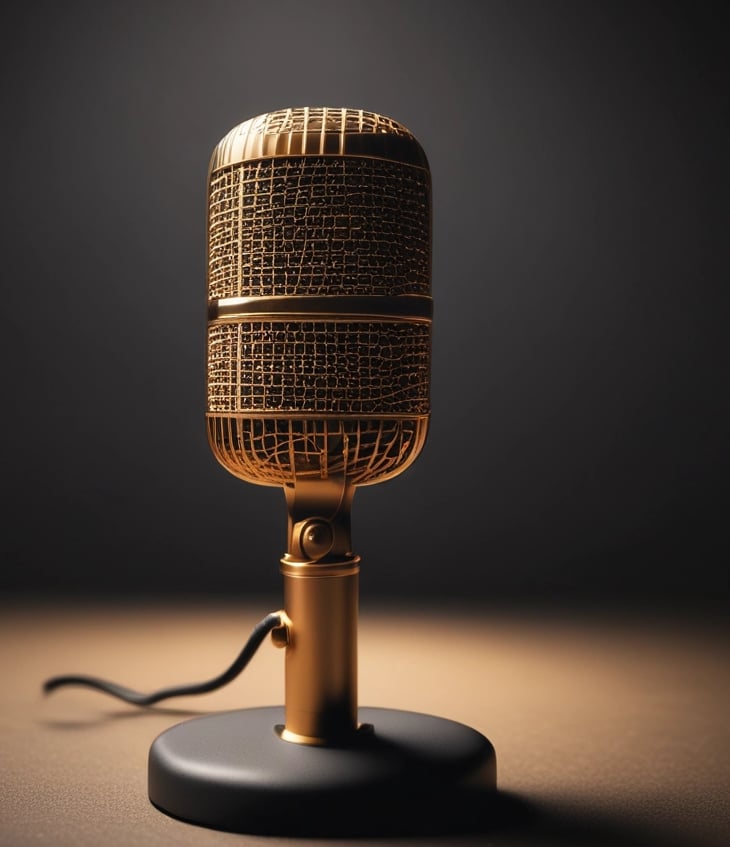 A minimalist studio microphone bathed in soft sand light, reflecting calm focus.