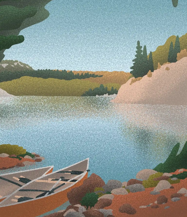 board game illustration of canoes resting on a rocky shore looking across a peaceful sunlit lake