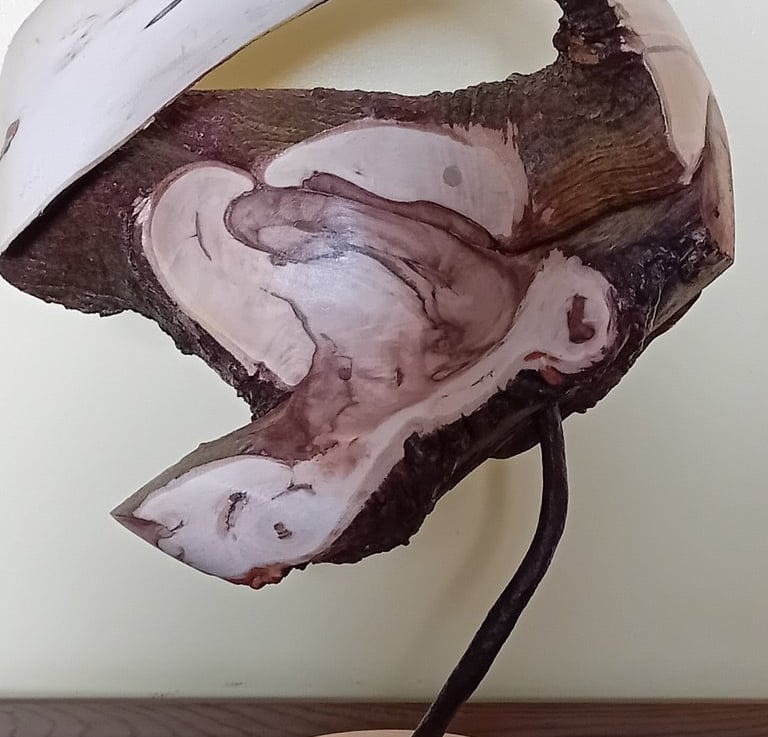 Sculpture of turned ivy branches mounted on a rusted bar on a flat turned oak stand