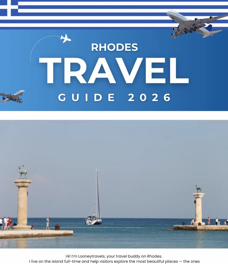 a plane flying over mandraki port