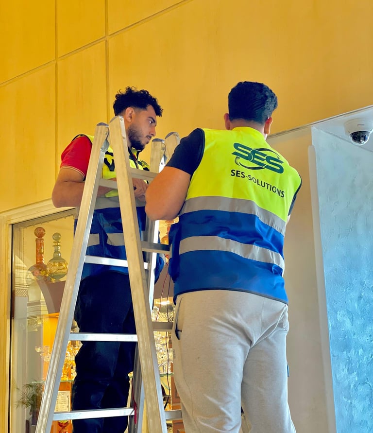 فنين شركة ses للحلول الهندسية يركبون انذار حريق داخل فندق بالقاهرة