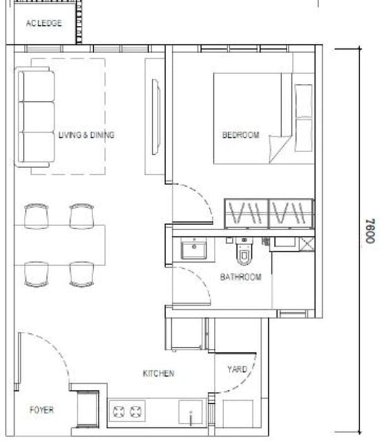 Type C layout – 474sf 1-bedroom 1-bathroom apartment near RTS CIQ