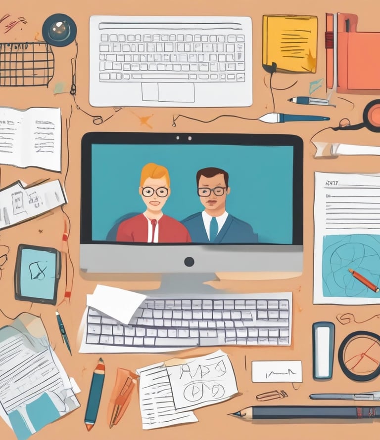 Close-up of a smiling teacher explaining a language concept during a virtual lesson.