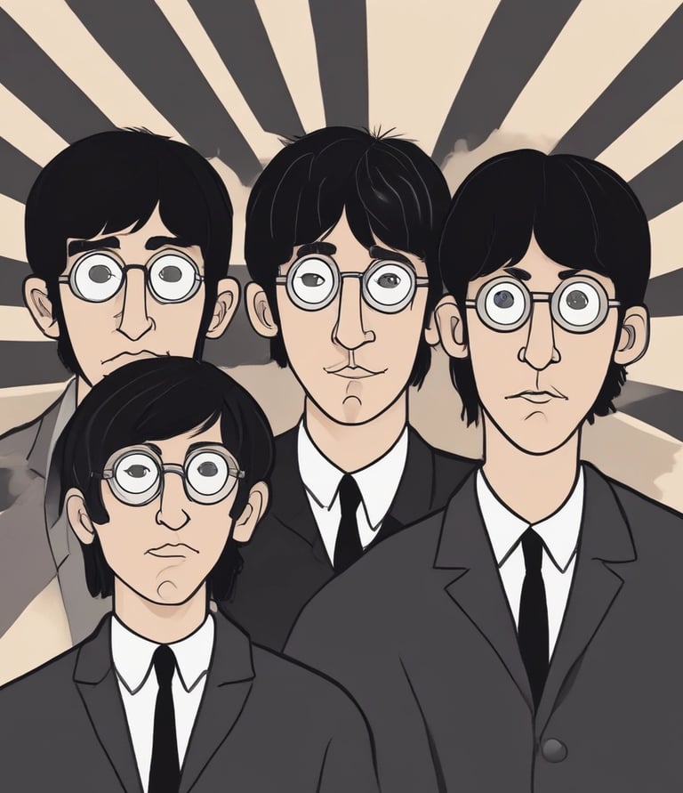 A classic black and white photo of The Beatles performing live on stage in the 1960s.