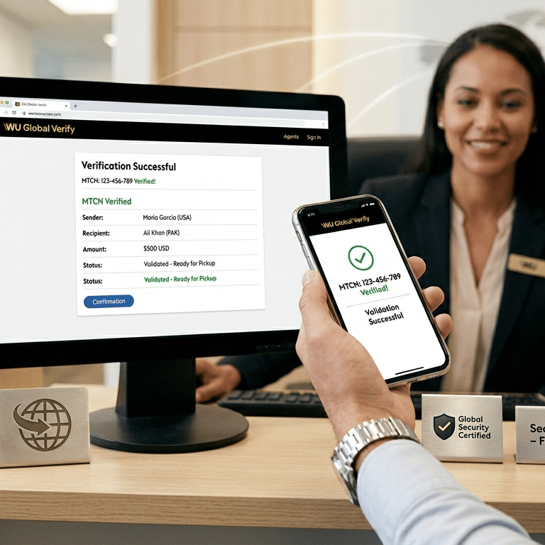 Client satisfait vérifiant la disponibilité de son argent sur le service de suivi WeSTERN UNION