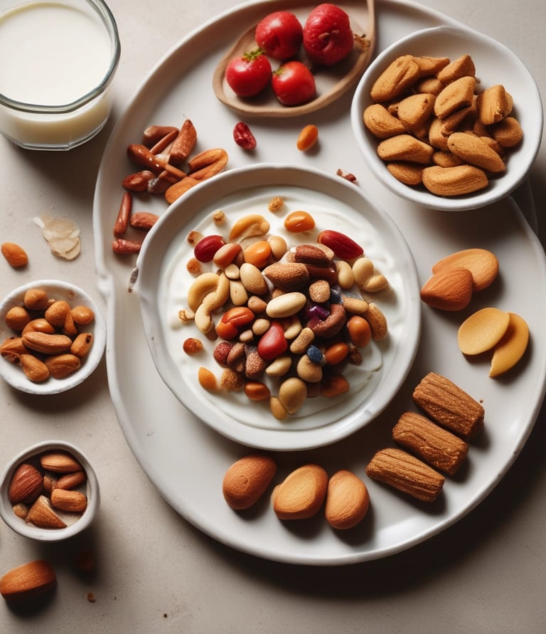 A close-up of a colorful protein snack bowl with nuts, seeds, and dried fruits on a wooden table.
