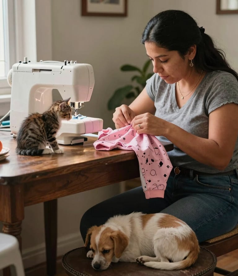 Mujer cosiendo en casa ropa para mascotas, así inició Patitas Coquetas