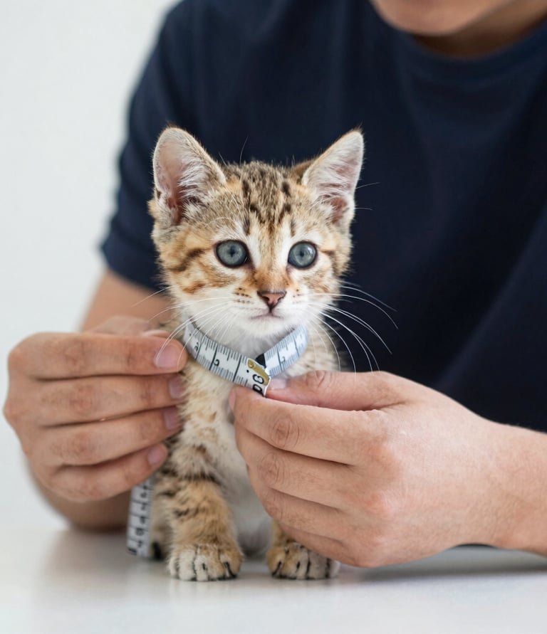 Persona con cinta metrica tomandole medidas a gatito cafe-anaranjado y ojos azules