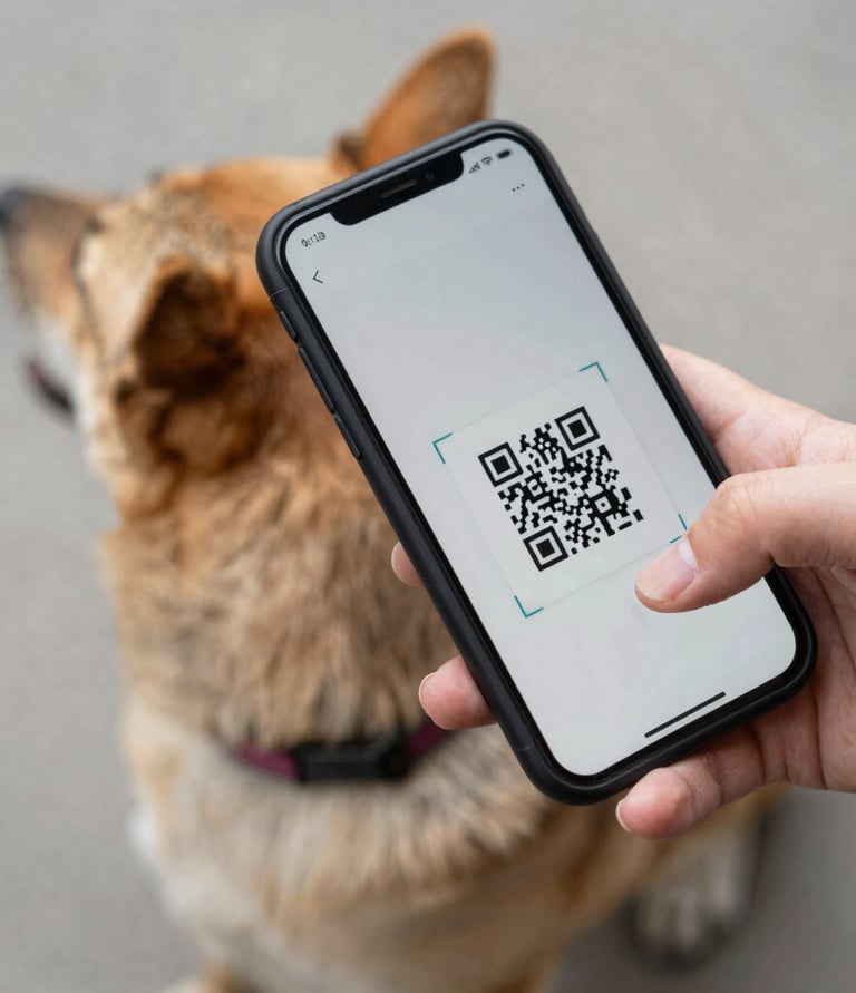 Close-up of a smartphone displaying a pet's biometric data search on the MyPetsWorld platform.