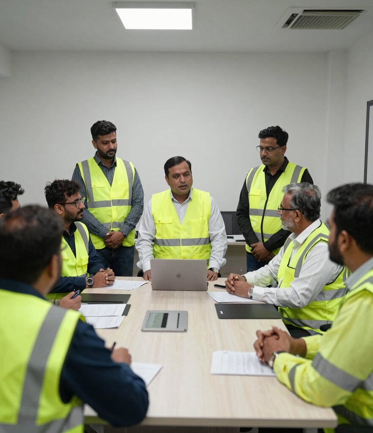 Project managers in yellow safety vests hold a formal meeting in a modern conference room.