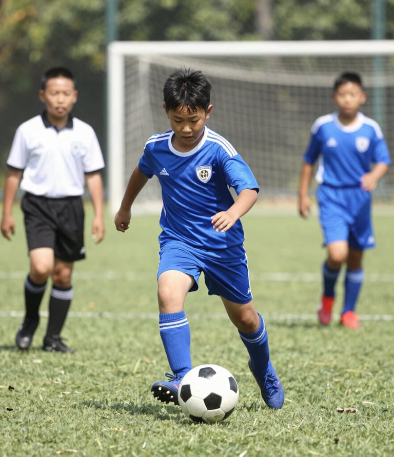 Kids from different backgrounds passing the ball together on a green soccer field.