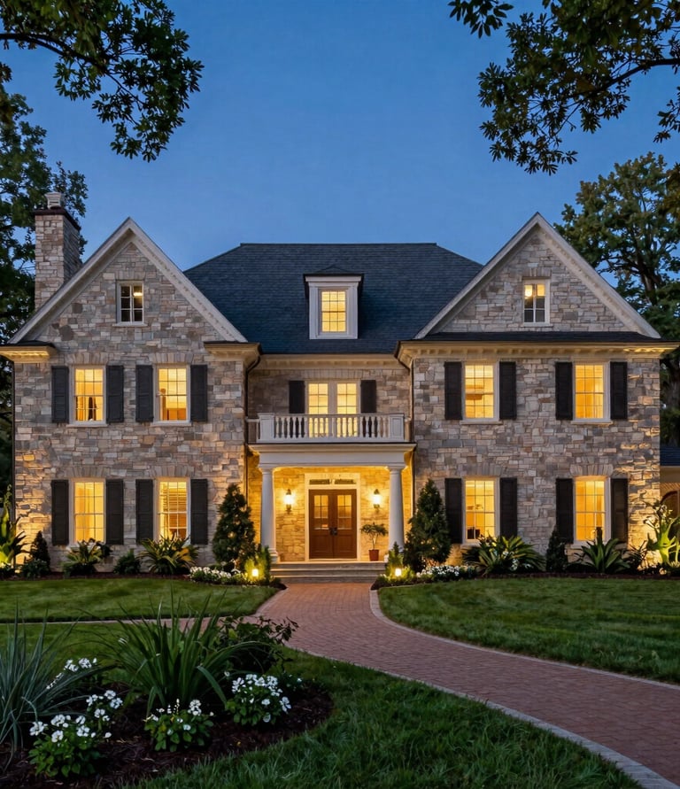 A cozy backyard illuminated with warm, color-changing landscape lights and subtle outdoor speakers.