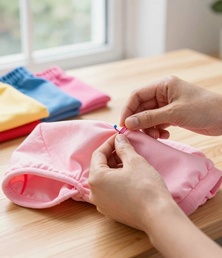 Manos utilizando un imperdible para pasar una cinta elástica a través de una tela rosa para coser