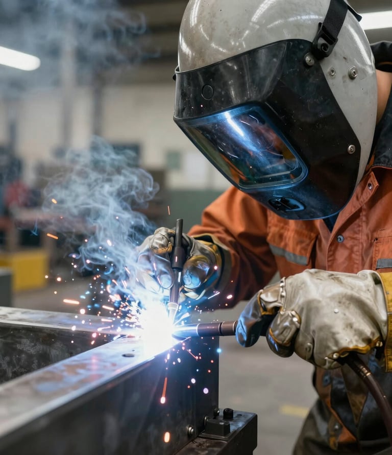 Close-up of skilled hands welding metal in a sophisticated shipbuilding workshop.