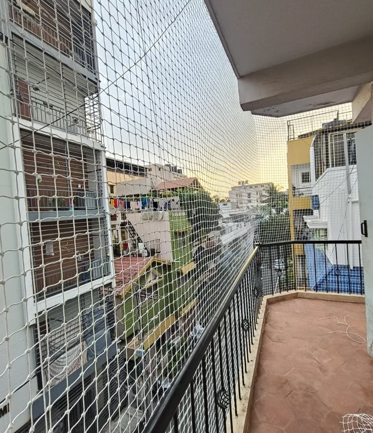 Close-up of a securely installed pigeon net on a Jayanagar balcony, sunlight filtering through.