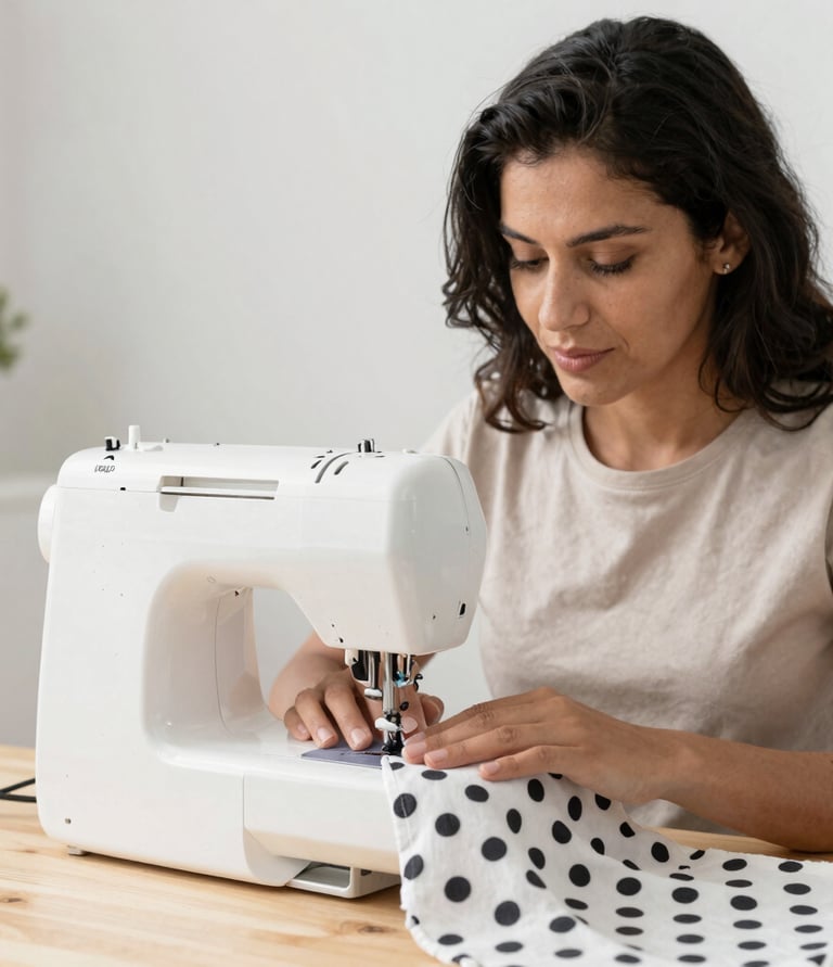 Una mujer usando una máquina de coser eléctrica blanca para unir tela de lunares en un escritorio de