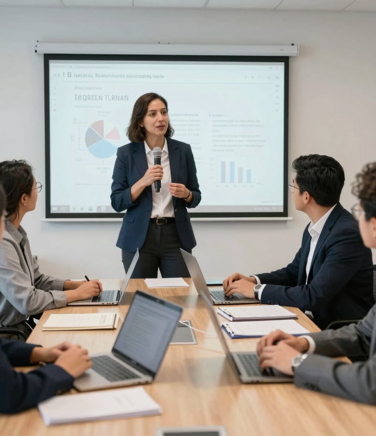 A team of professionals collaborating over technology solutions in a modern office with orange accents.