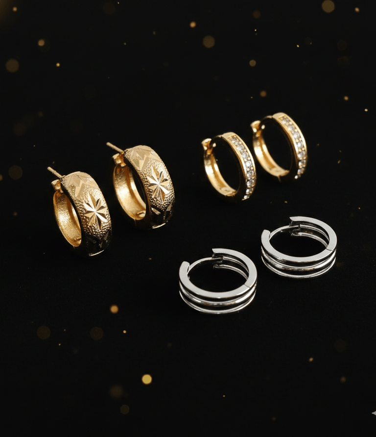 Elegante colección de aretes de aro en oro y plata con detalles de diamantes