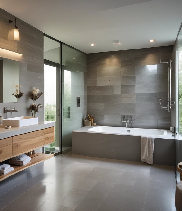 Modern luxury master bathroom with a large soaking tub, wooden floating vanity, and gray stone tile.